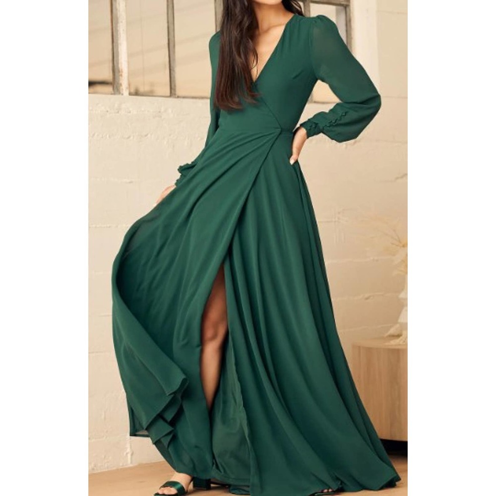 LULU'S SZ S NWT My Whole Heart Emerald Green Long Sleeve Wrap Maxi Dress
